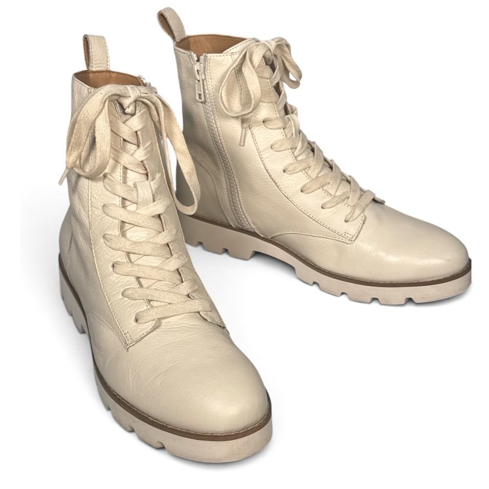 Vionic Lani Cream Leather Lace Up Combat Boots Side Zip Lug Sole Womens 8.5